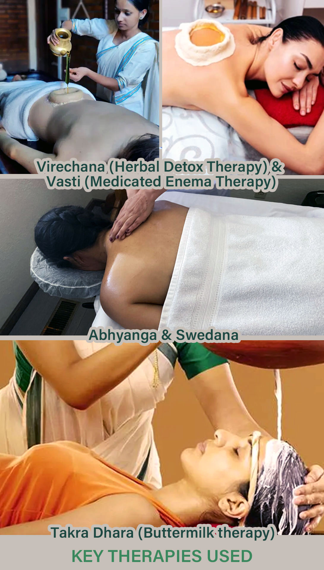 Key Therapies in Digestive Disorders programs: Virechana (Herbal Detox Therapy), Vasti (Medicated Enema Therapy), Abhyanga & Swedana, Takra Dhara (Buttermilk therapy), Internal Herbal Medicines