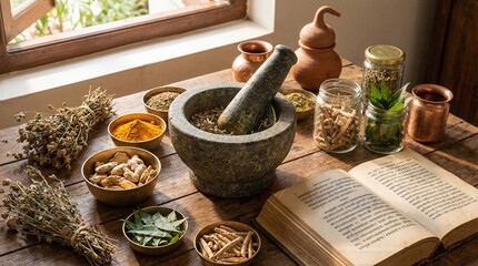 Traditional Ayurvedic Herbal Medicine Preparation with Mortar and Pestle