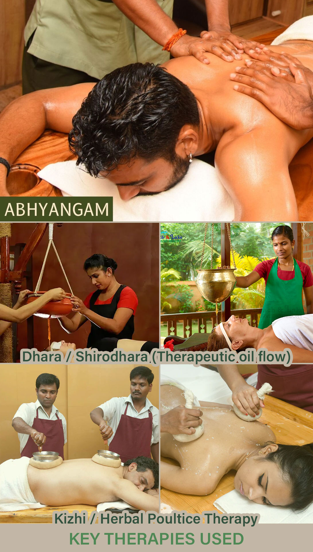 Key Therapies in Joint & Spinal Care programs: Herbal oil massage (Abhyanga), Kizhi (Herbal Pouch Therapy), Vasti (Medicated Enema Therapy), Pizhichil & Dhara, Lepam & Local Treatments