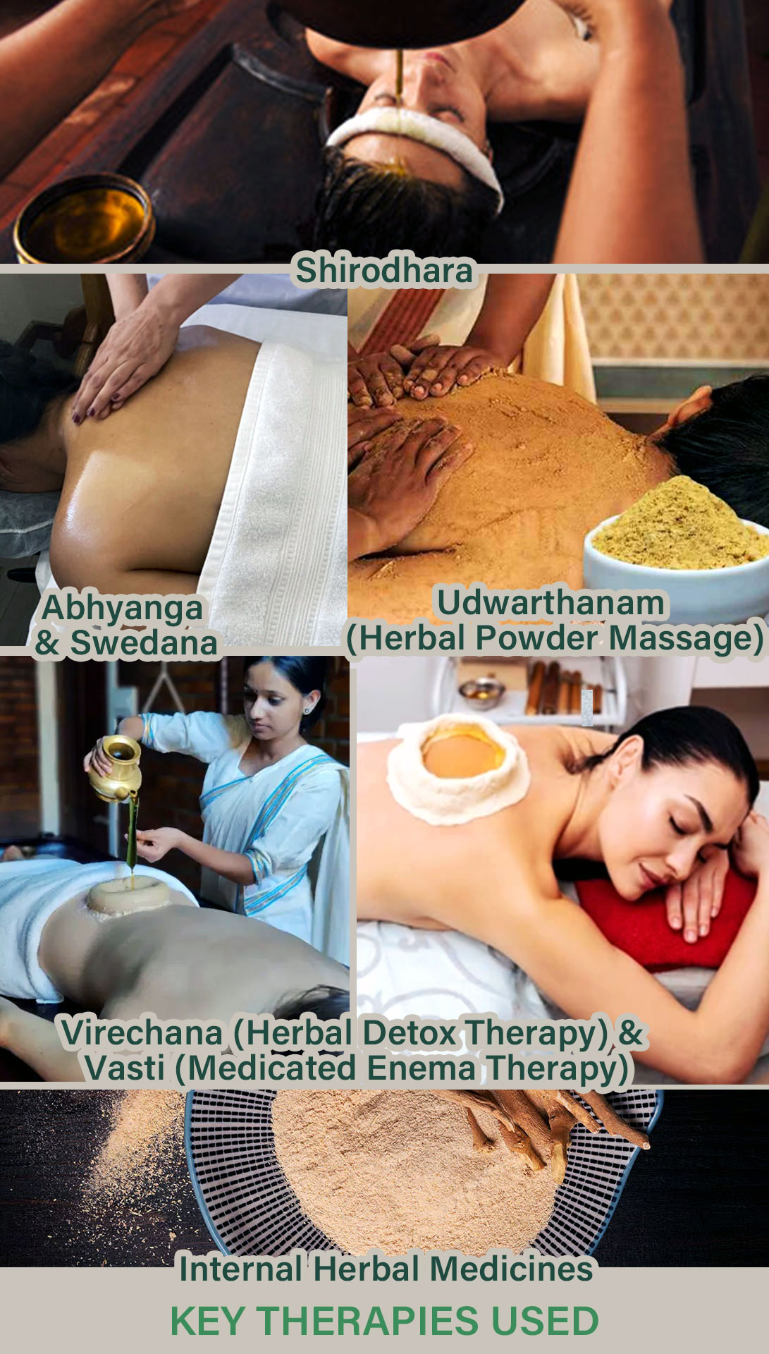 Key Therapies in Thyroid & Diabetes Care programs: Shirodhara, Abhyanga & Swedana, Udwarthanam (Herbal Powder Massage), Virechana & Vasti (Detox Therapies), Internal Herbal Medicines